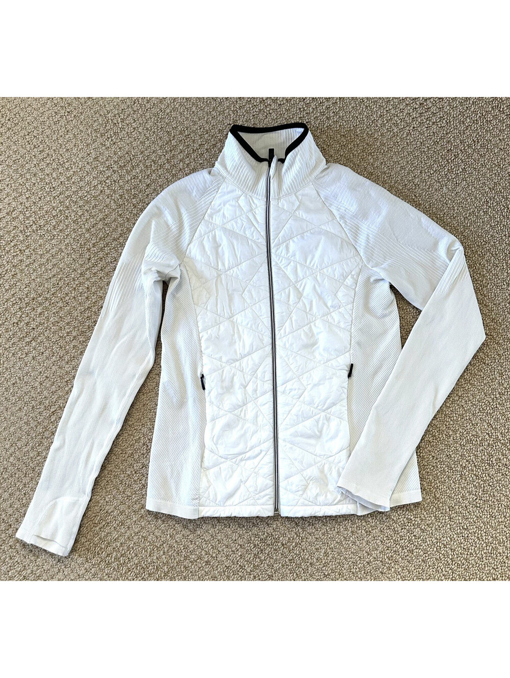 Athleta Jacket Womens Size S White Quilted Front Ribbed Sleeve Full Zip Athletic